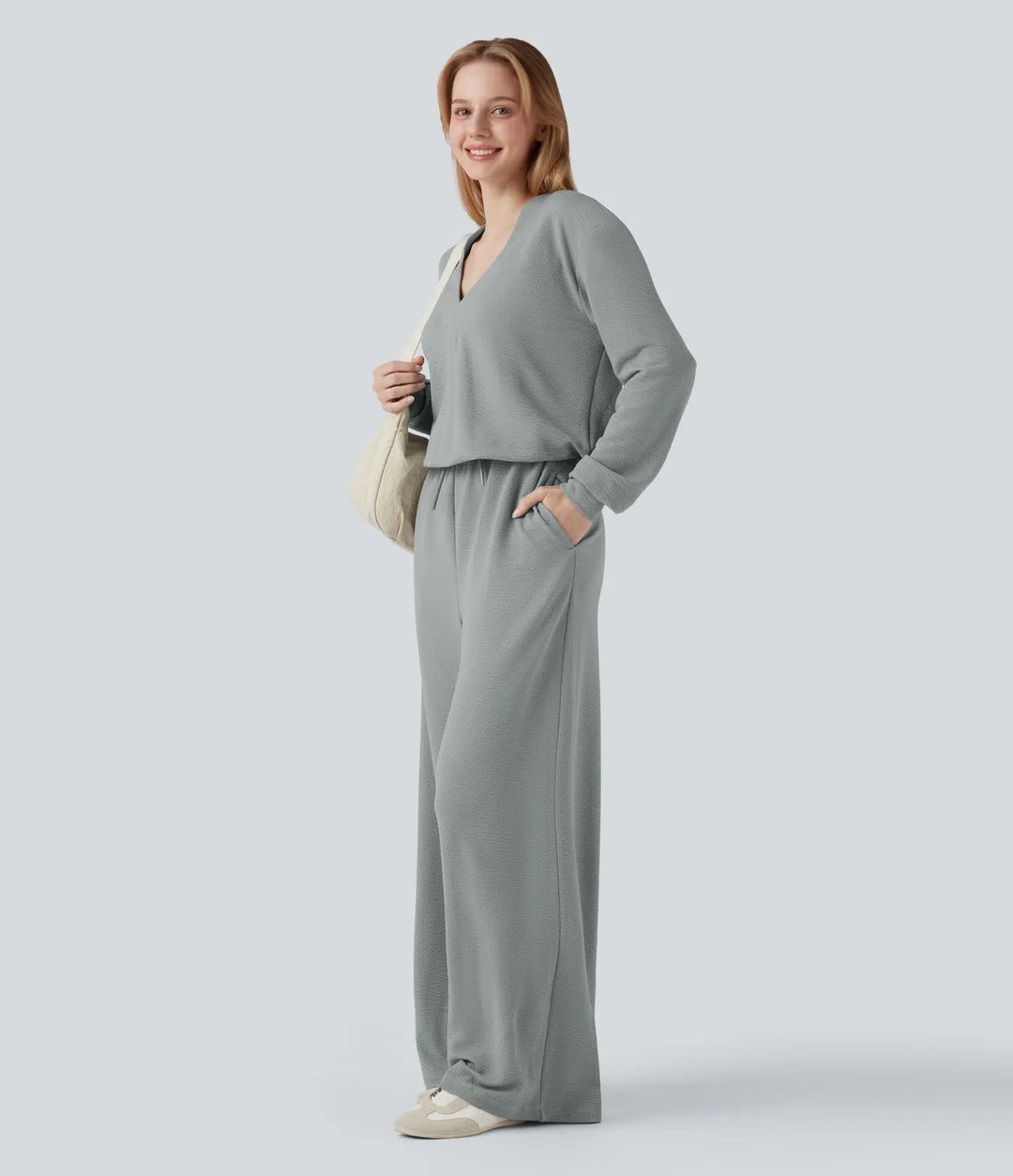 V-ringad långärmad dragsko vardaglig jumpsuit med fickor-Easy Peezy