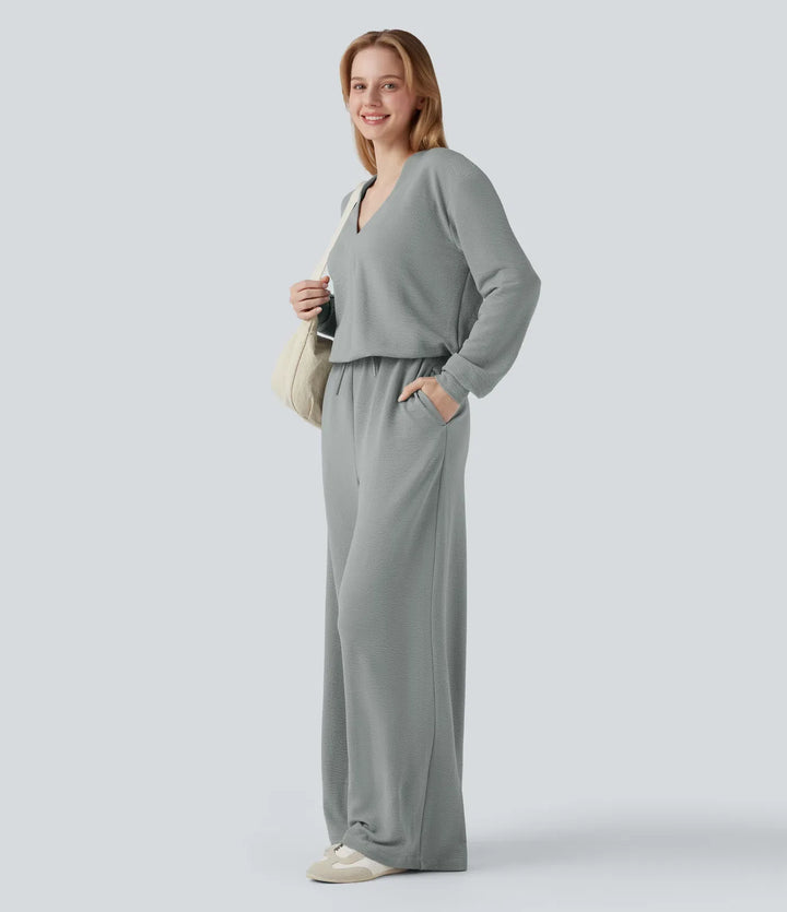 V-ringad långärmad dragsko vardaglig jumpsuit med fickor-Easy Peezy