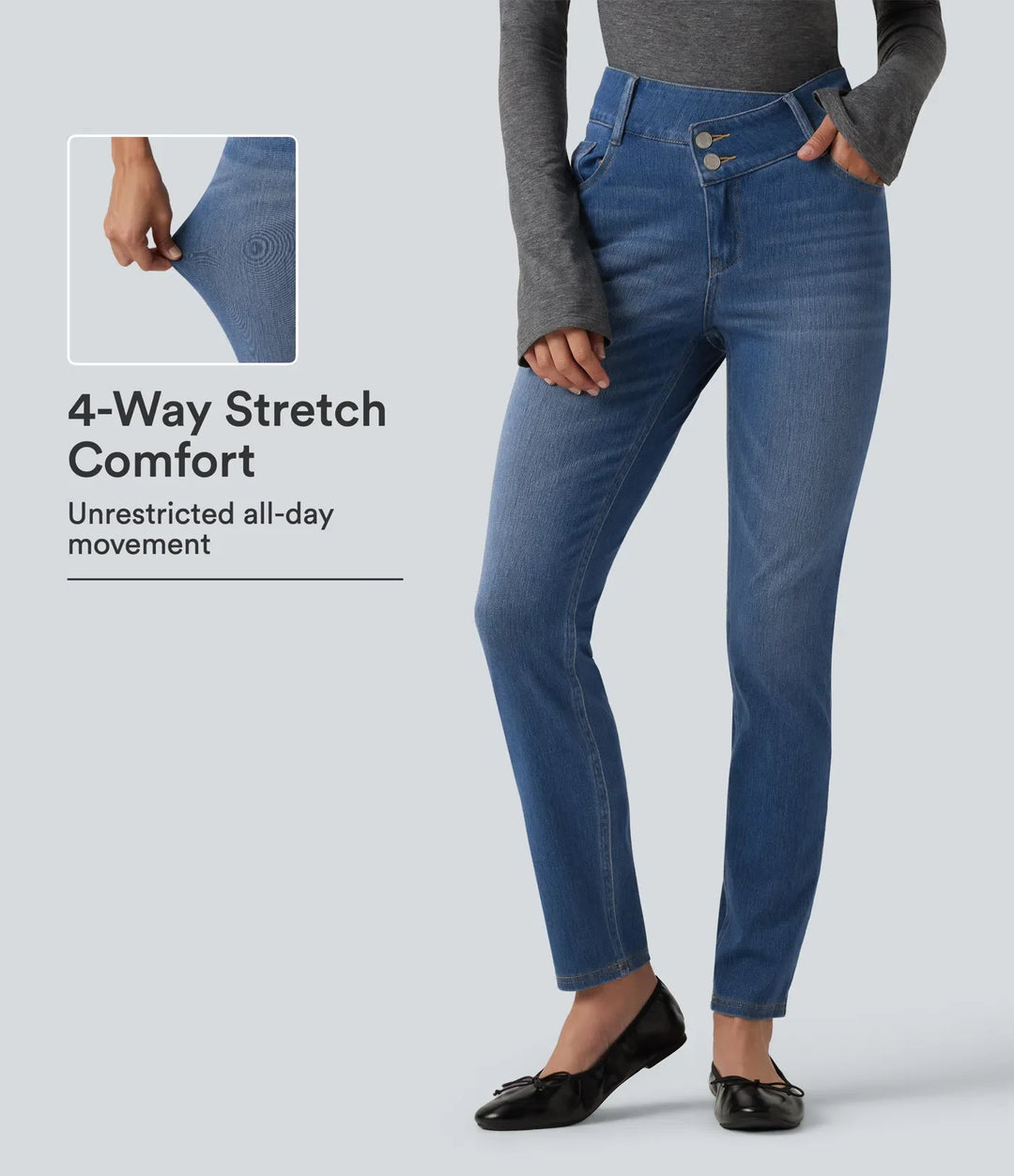 Lyckera Flex medelhög midja asymmetrisk vardaglig skinny jeans med fickor