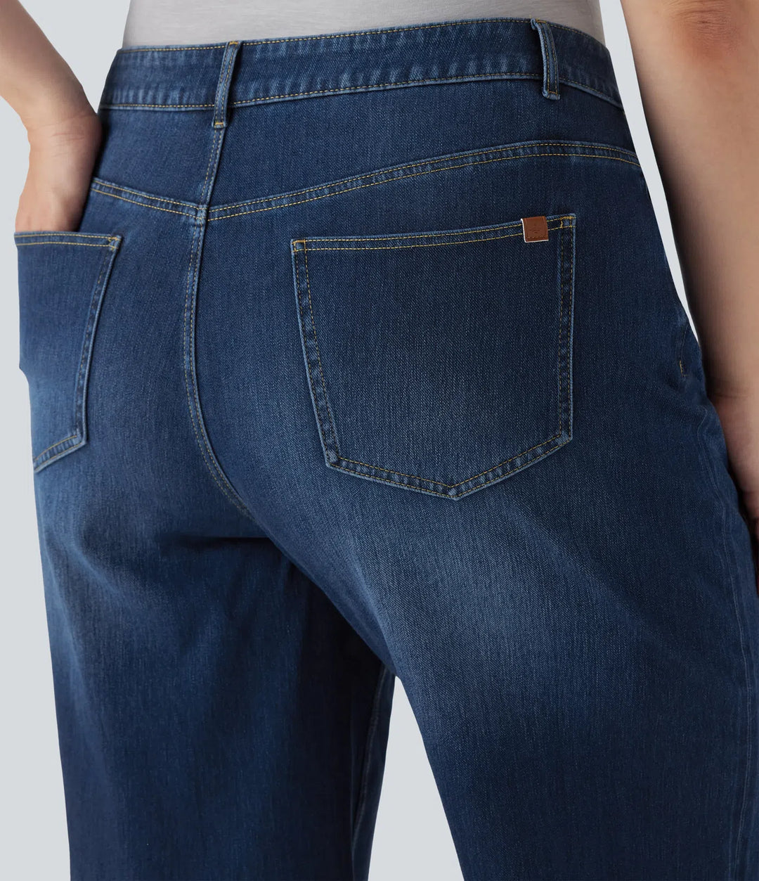 Plusstorlek Halara Flex med hög midja vida ben upprullad fåll tvättad stretchig stickad vardagsjeans med fickor