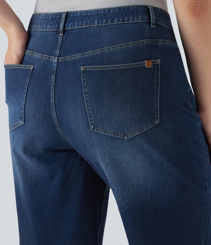 Plusstorlek Halara Flex med hög midja vida ben upprullad fåll tvättad stretchig stickad vardagsjeans med fickor