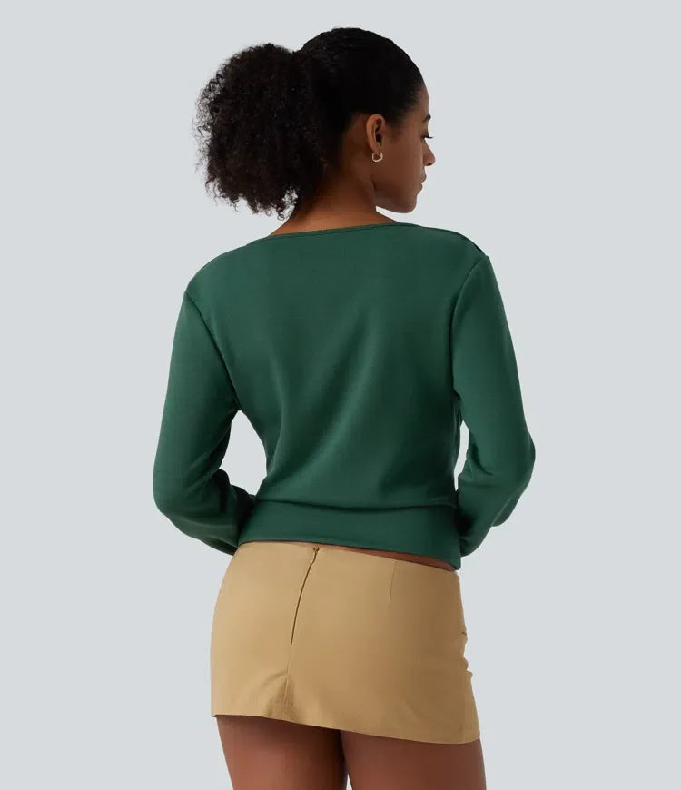 V-ringad långärmad crossover rynkat yoga sweatshirt