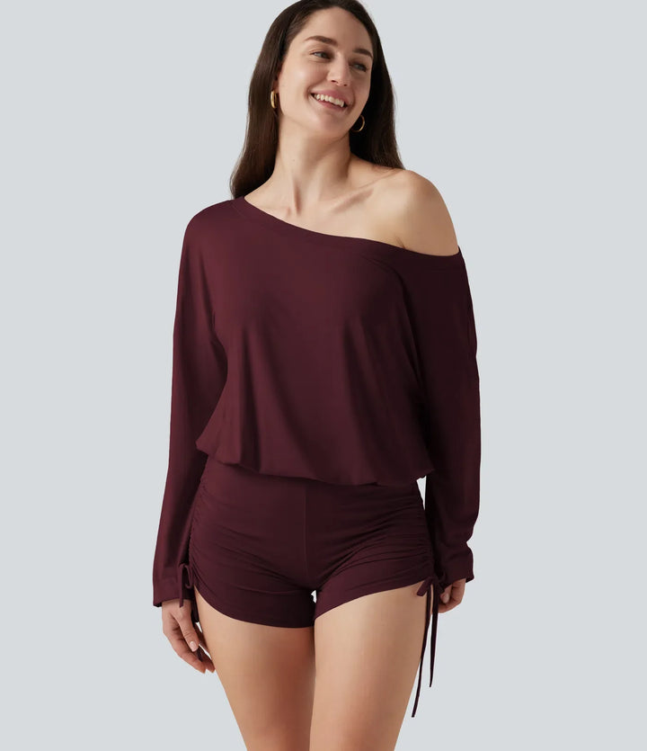 Långärmad rynkat spets upp lounge playsuit -Easy Peezy Edition