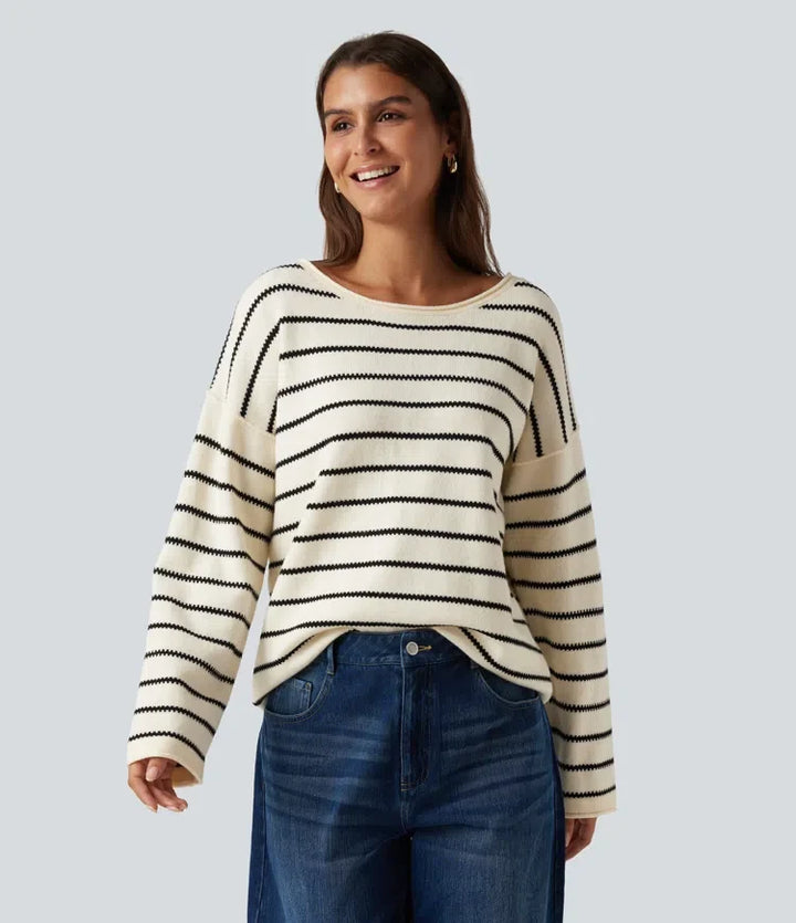 Båtringad långärmad randig upprullad fåll oversized vardaglig tröja