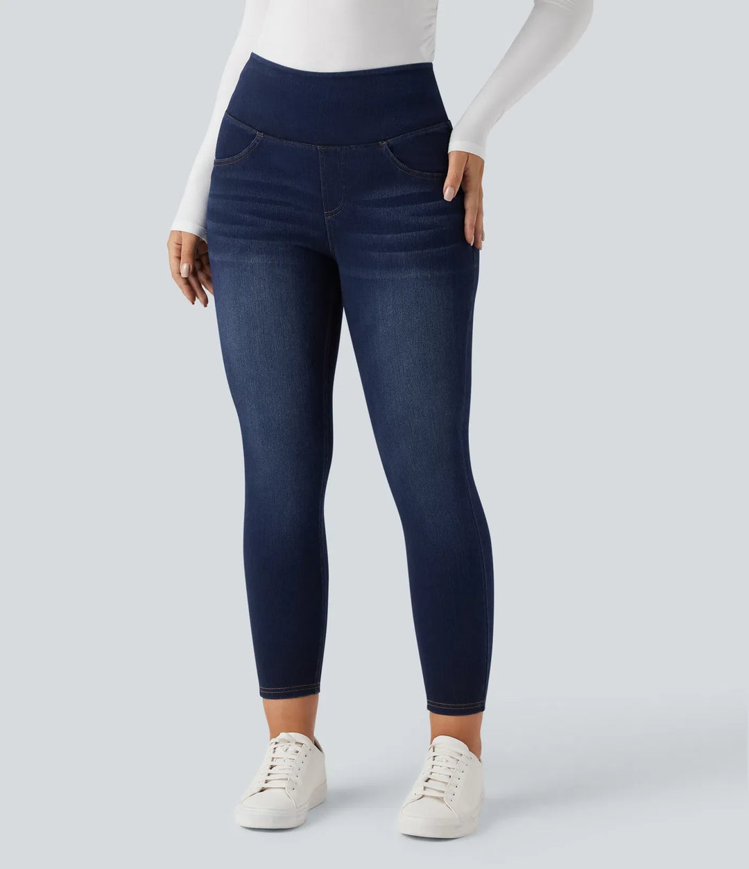 Halara Flex med hög midja och magkontroll rumplyftande denim vardagsleggings med fickor
