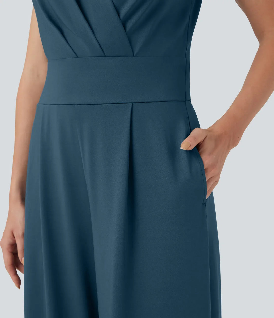 V-ringad ärmlös veckad crossover magkontroll vardaglig jumpsuit med fickor-Easy Peezy