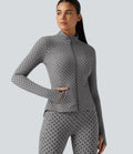 Lyckera UltraSculpt ståkrage långärmad tumhål veckad prickig yogajacka med fickor