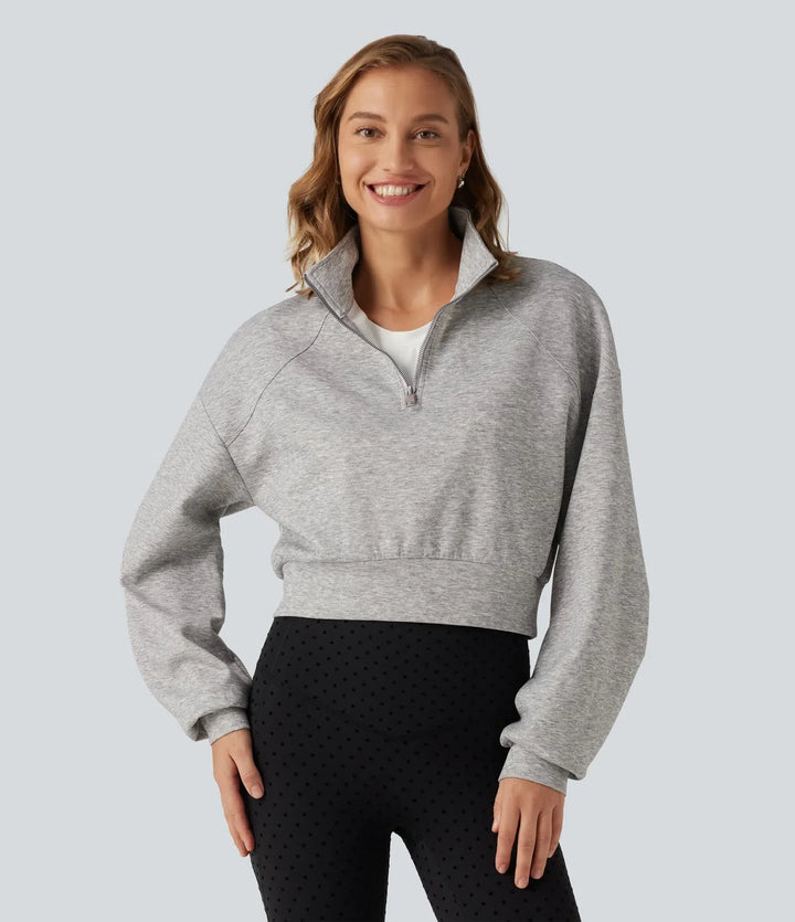Ståkrage halv-dragkedja lång raglanärm vardaglig croppad sweatshirt