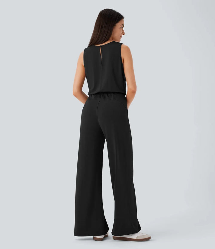 Rund hals ärmlös nyckelhålsrygg dragsko ficka vardaglig jumpsuit
