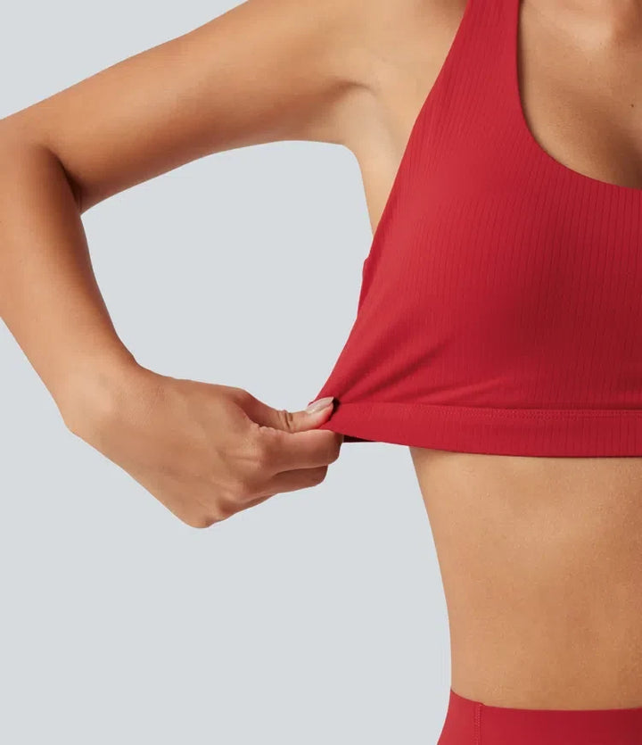 Halara UltraSculpt ribbad lätt stöd asymmetrisk utskuren detalj inbyggd bh löpning sport-bh