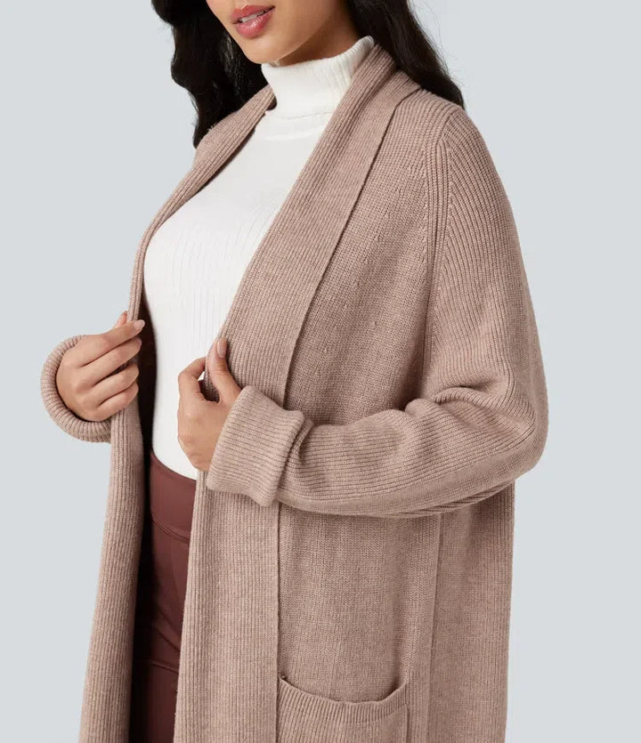 Långärmad arbete lång modell cardigan med fickor