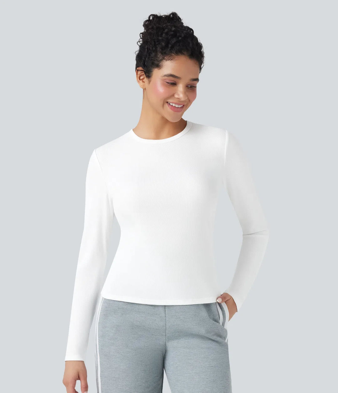 Ribbstickad rund halsringning långärmad vardagstopp
