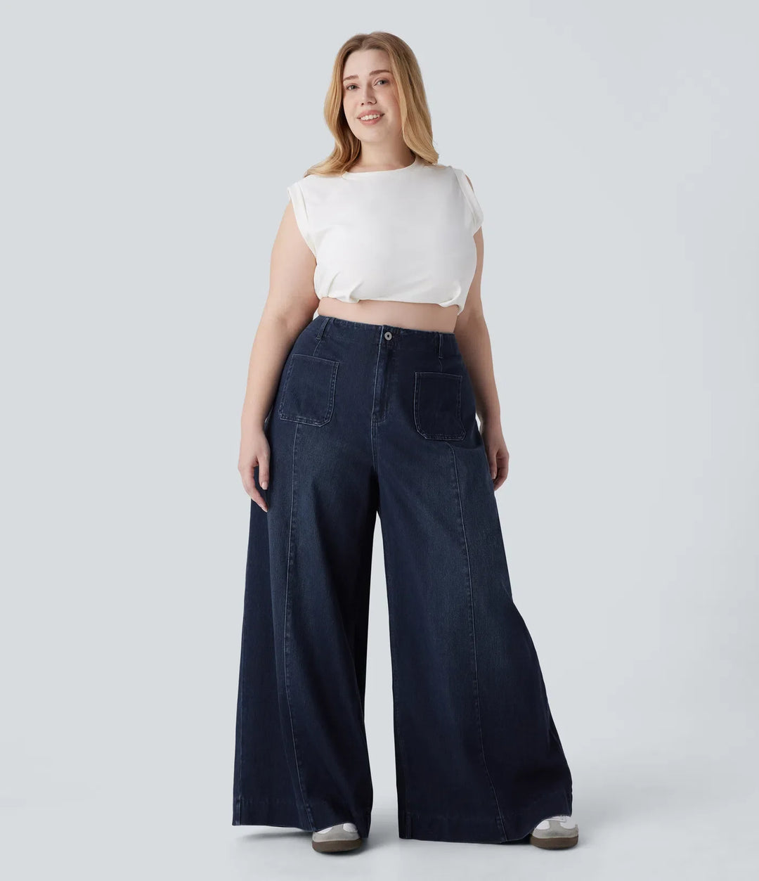 Lyckera Flex högmidjad fickor tvättad vardaglig vida ben plusstorlek jeans