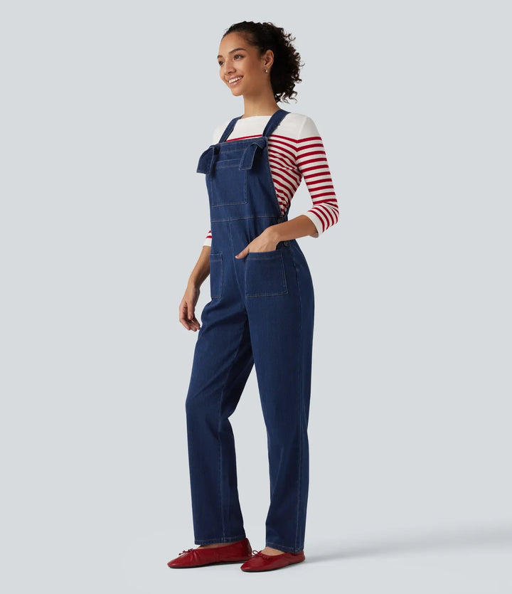 Lyckera Flex denim fyrkantig halsringning ärmlös avsmalnande vardaglig jumpsuit med fickor