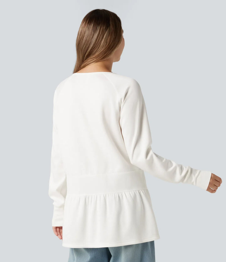 Rund hals långärmad tumhål volangfåll vardaglig sweatshirt