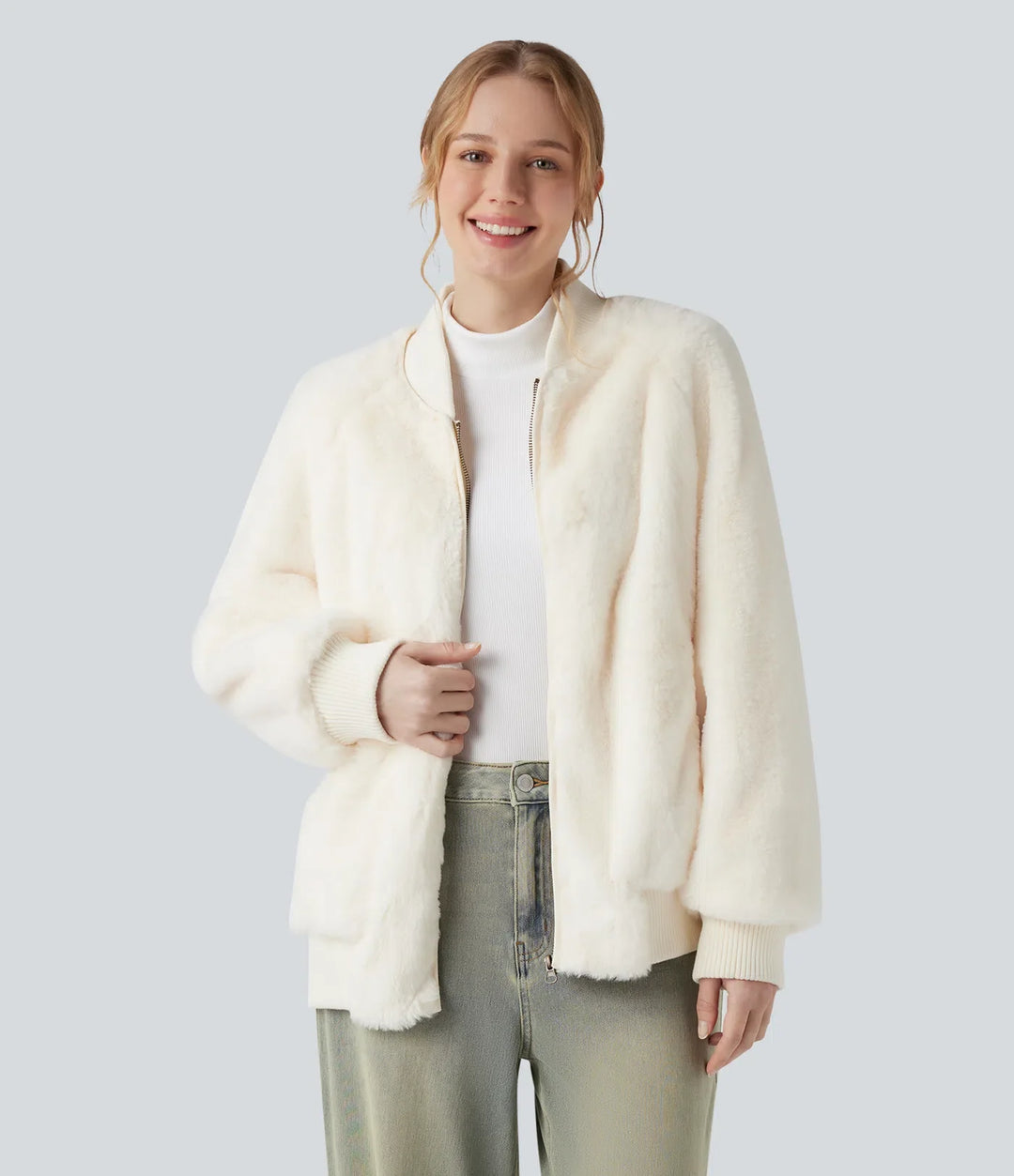 Dragkedja långärmad vardaglig sherpa bomber jacka med fickor