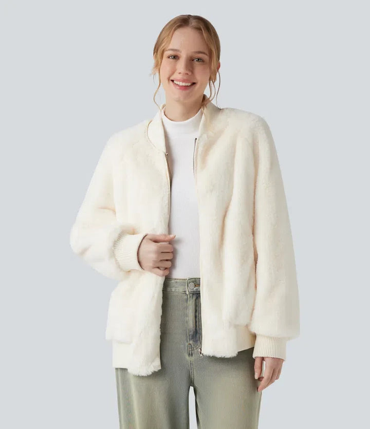 Dragkedja långärmad vardaglig sherpa bomber jacka med fickor