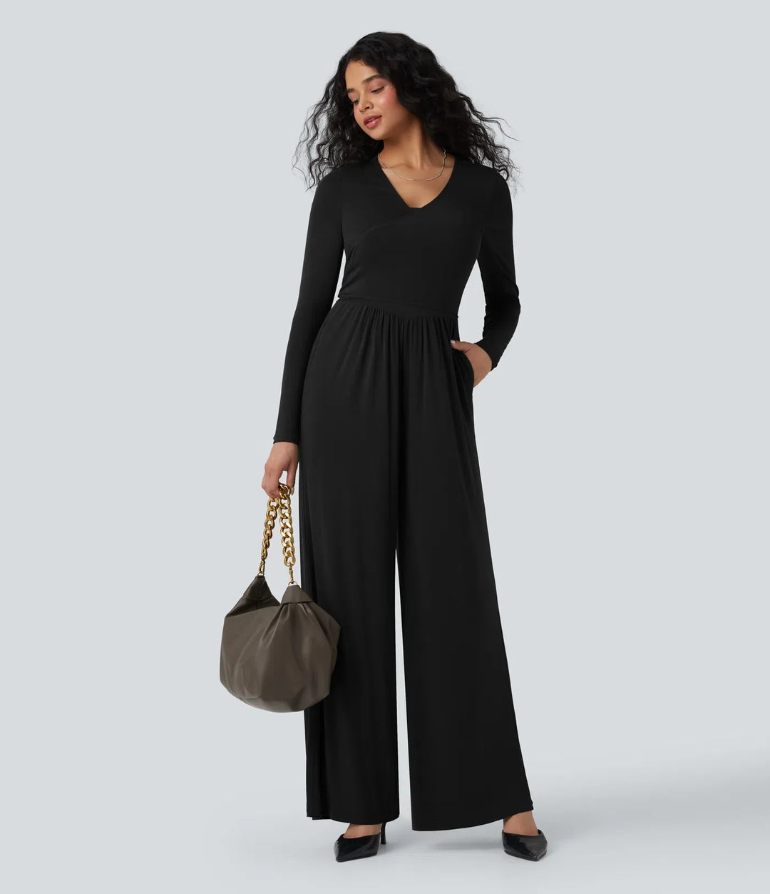 Ribbad V-ringad omlott knytning i ryggen långärmad vida ben vardaglig jumpsuit med fickor-Easy Peezy Edition