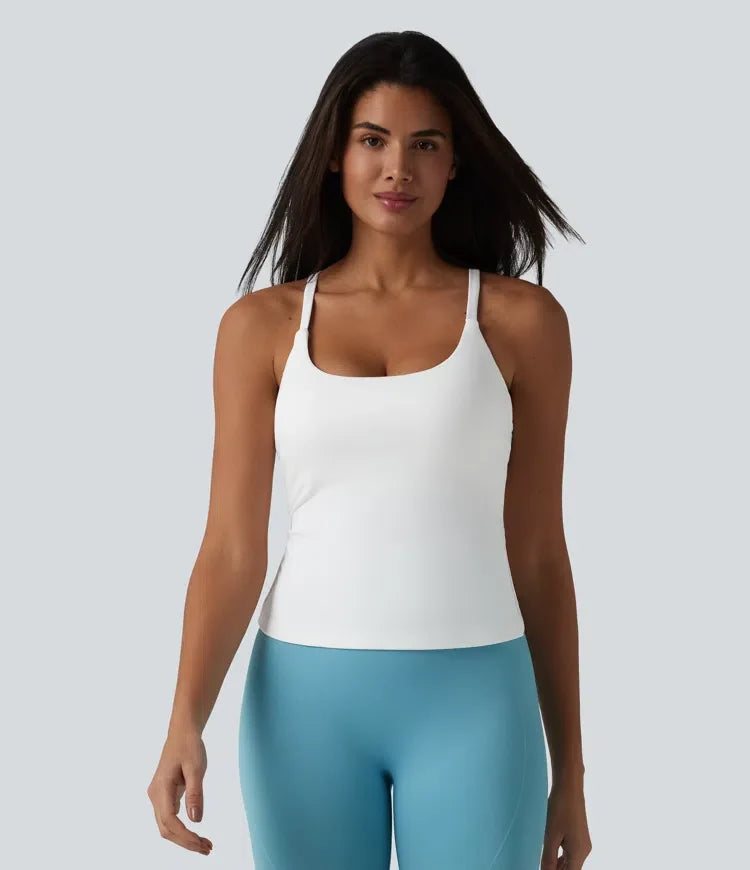 Djup rund halsringning korsad rygg omlott fåll inbyggd bh yoga cami-linne DD-F kupor