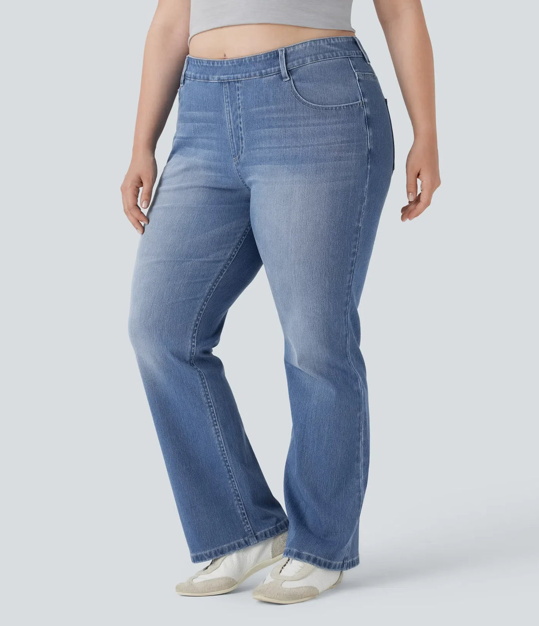 Plusstorlek Halara Flex med hög midja tvättad för vardag bootcut jeans med fickor