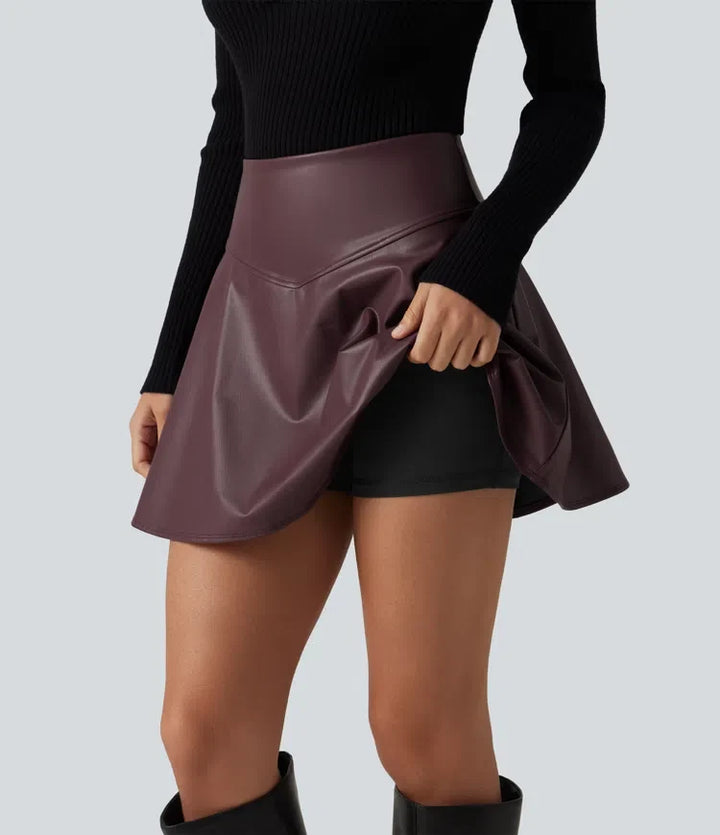 Med hög midja och magkontroll fleece för vardag PU läder mini kjol med inbyggd shorts och fickor