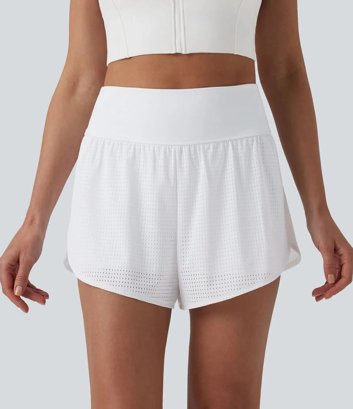 Med hög midja och magkontroll reflekterande prickar omlott rundad nederkant 2-i-1 hålbroderi yogashorts med fickor