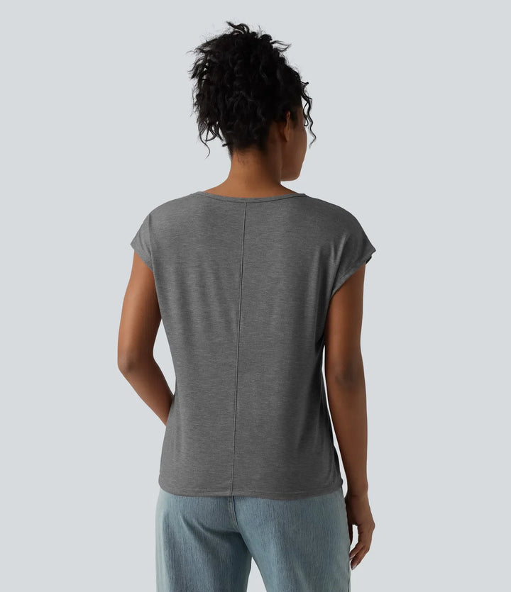 V-ringning kortärmad avslappnad melerad T-shirt för vardag
