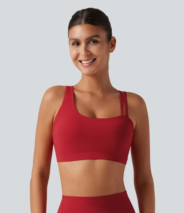 Halara UltraSculpt ribbad lätt stöd asymmetrisk utskuren detalj inbyggd bh löpning sport-bh
