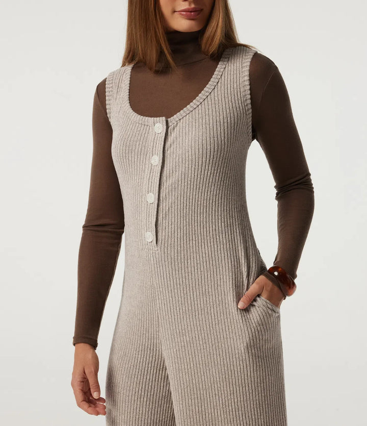 Ribbstickad U-ringad vida ben vardaglig jumpsuit med fickor
