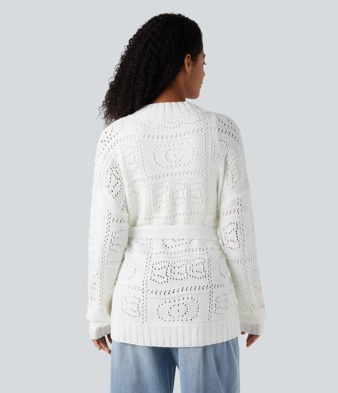 Öppen front långärmad bältad tröja stickad vardaglig cardigan