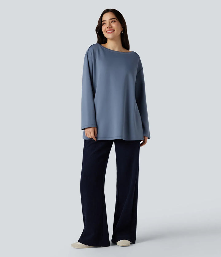 Båtringad långärmad avslappnad vardaglig sweatshirt