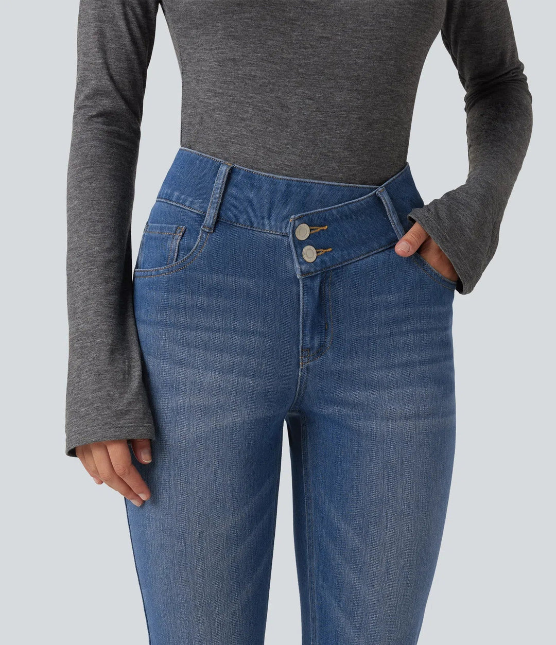 Lyckera Flex medelhög midja asymmetrisk vardaglig skinny jeans med fickor