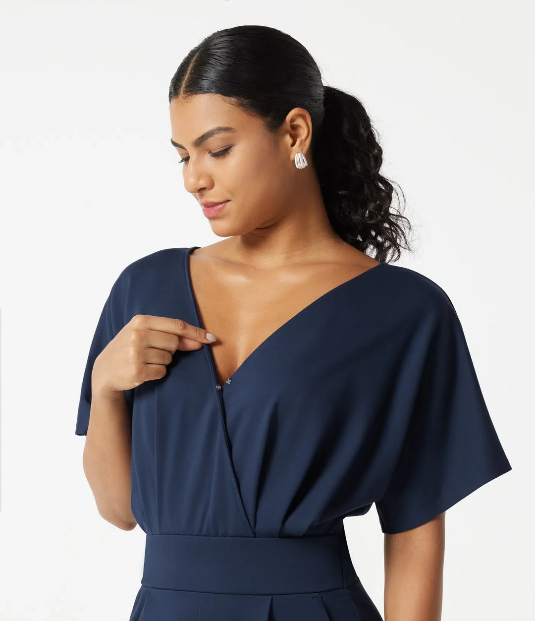 V-ringad kortärmad rynkat vida ben vardaglig jumpsuit med fickor -Easy Peezy Edition