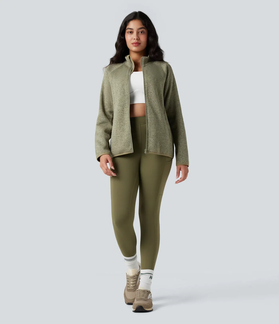 Ståkrage långärmad dragkedjegylf vandring fleece melerad jacka med fickor