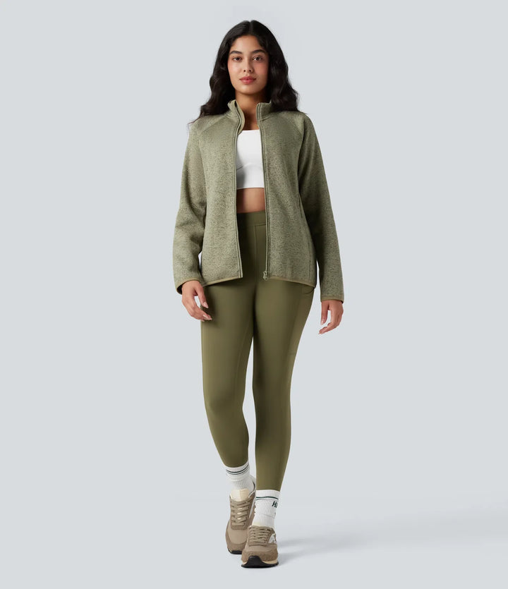 Ståkrage långärmad dragkedjegylf vandring fleece melerad jacka med fickor