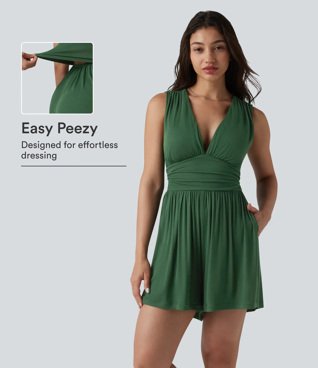 Ribbad V-ringad ärmlös rynkat inbyggd BH vardaglig playsuit med fickor-Easy Peezy