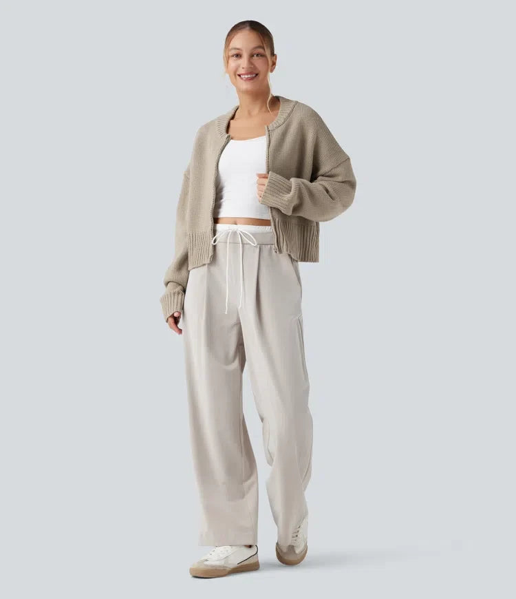 Långärmad dragkedjegylf vardaglig bomber cardigan