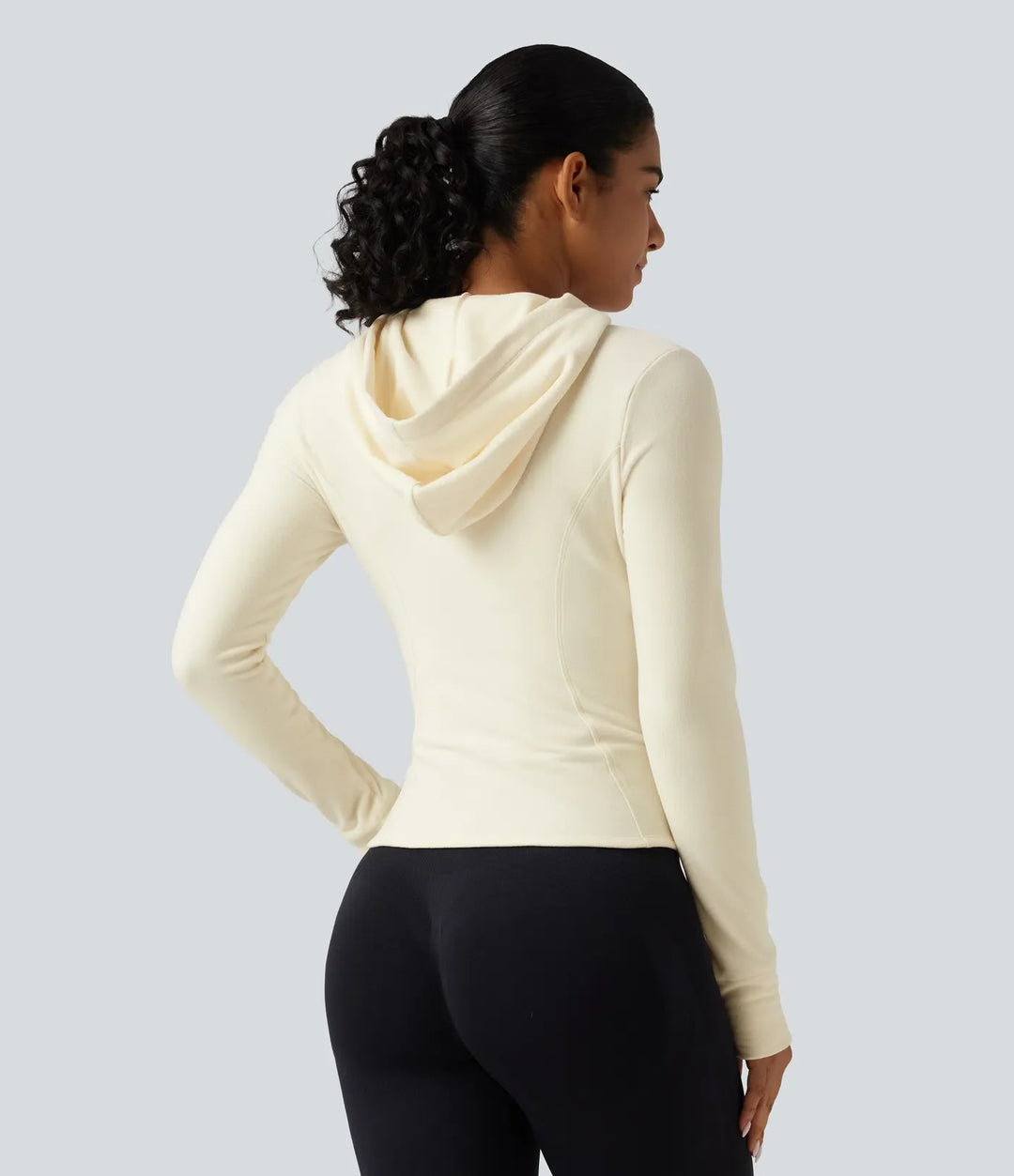 Ståkrage långärmad fleece smal yoga träningsjacka med tumhål och fickor