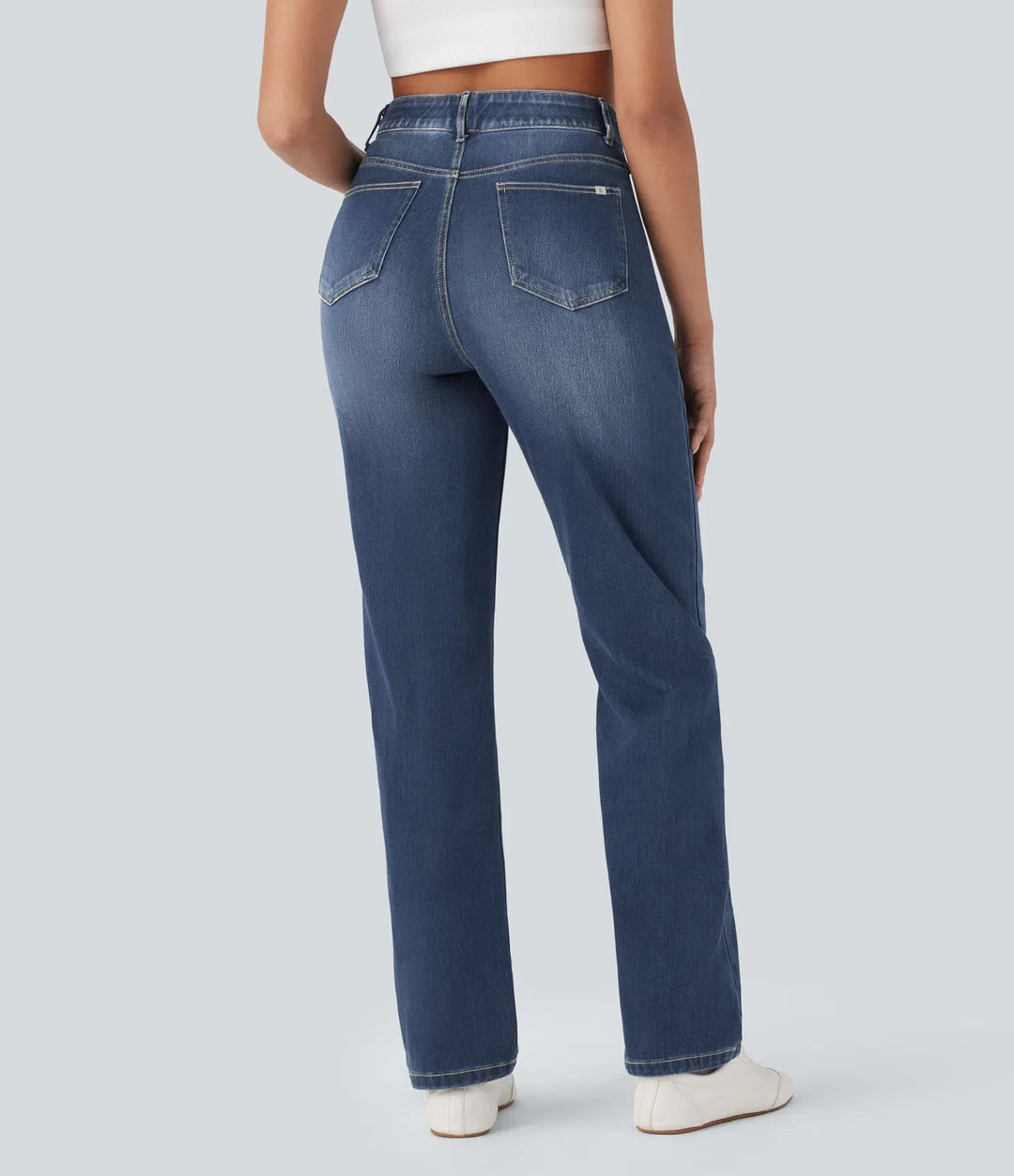 Halara Flex med hög midja, magkontroll och fickor raka ben tvättad vardagsjeans