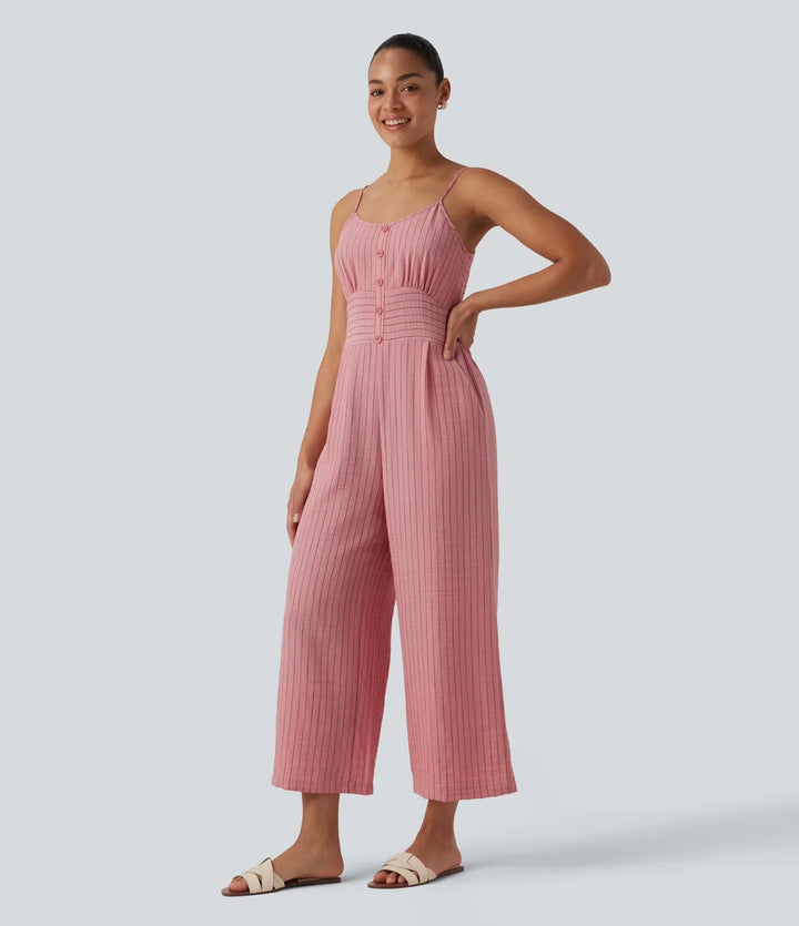 Knytning i ryggen skuren-ut randig linnekänsla slip jumpsuit med fickor