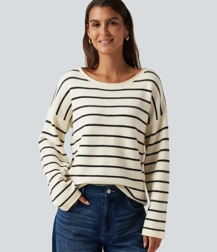 Båtringad långärmad randig upprullad fåll oversized vardaglig tröja