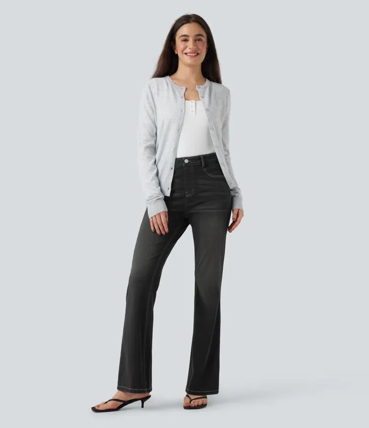 Lyckera Flex högmidjad magkontroll rumplyftande denim vardaglig bootcut leggings med fickor