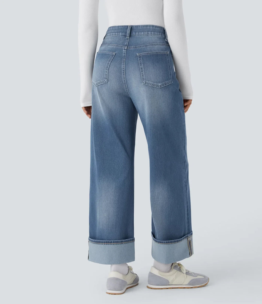 Lyckera Flex högmidjad fickor justerbar fåll vida ben tvättad vardagsjeans