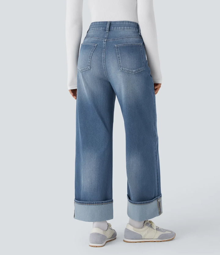 Lyckera Flex högmidjad fickor justerbar fåll vida ben tvättad vardagsjeans