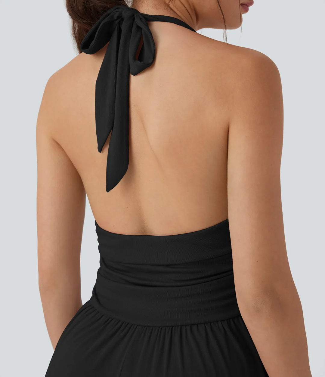 Ribbad halterneck knytning i ryggen dragsko resortjumpsuit med fickor