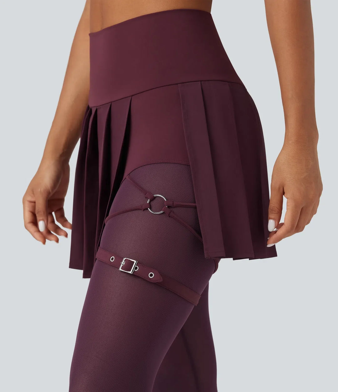 Breezeful med hög midja plisserad 2-i-1 kontrastmesh snabbtorkande dans stigbygel leggings med kjol med fickor