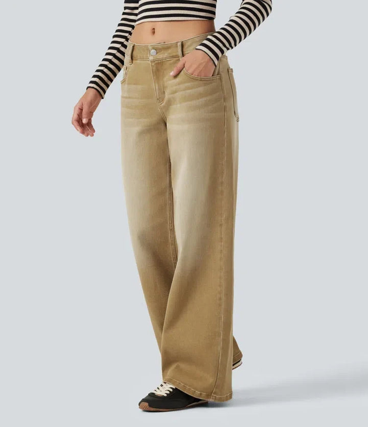 Med låg midja vida ben färgglad vardagsjeans med fickor