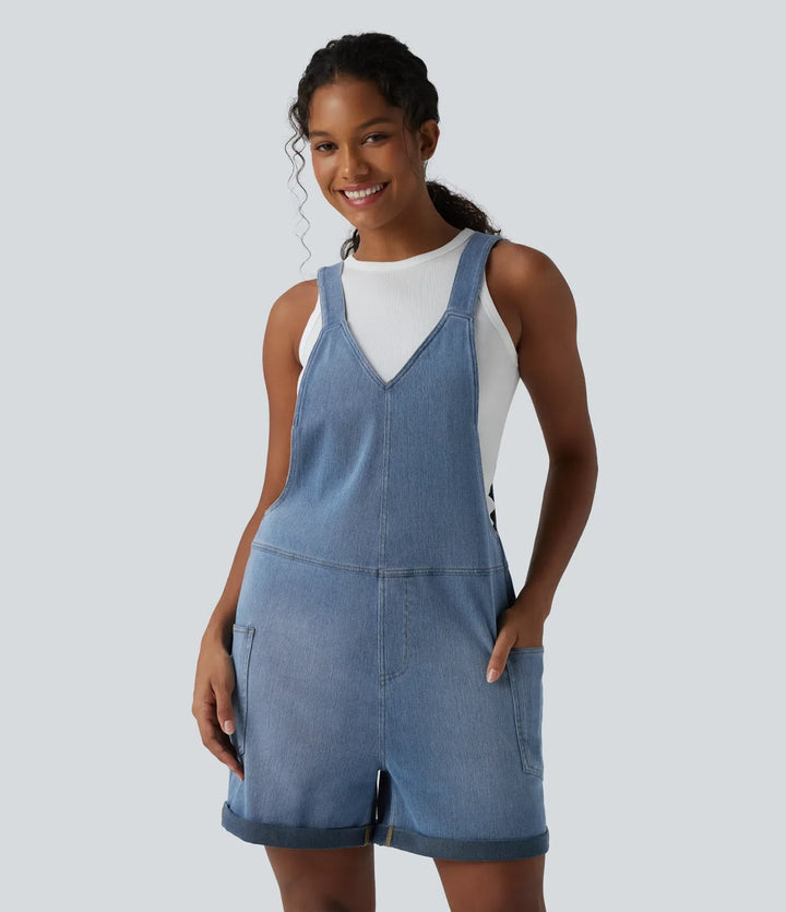 Lyckera Flex V-ringad upprullad fåll tvättad denim vardaglig kort overall med fickor