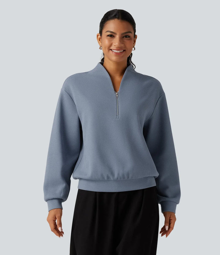 V-ringad långärmad våffelstruktur vardaglig sweatshirt