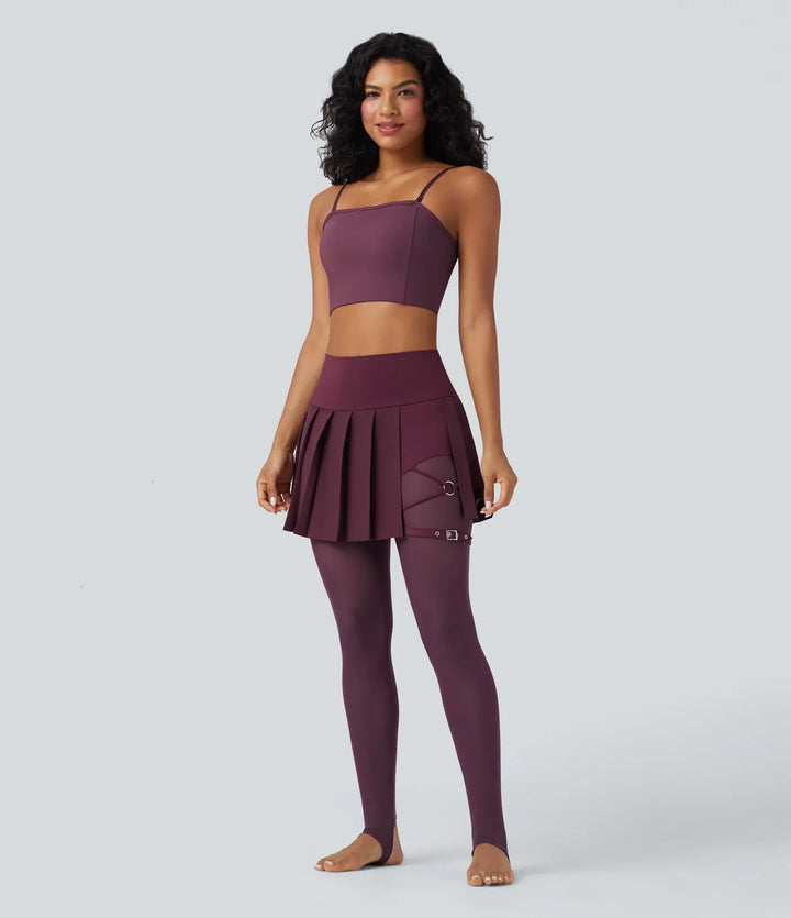 Breezeful med hög midja plisserad 2-i-1 kontrastmesh snabbtorkande dans stigbygel leggings med kjol med fickor